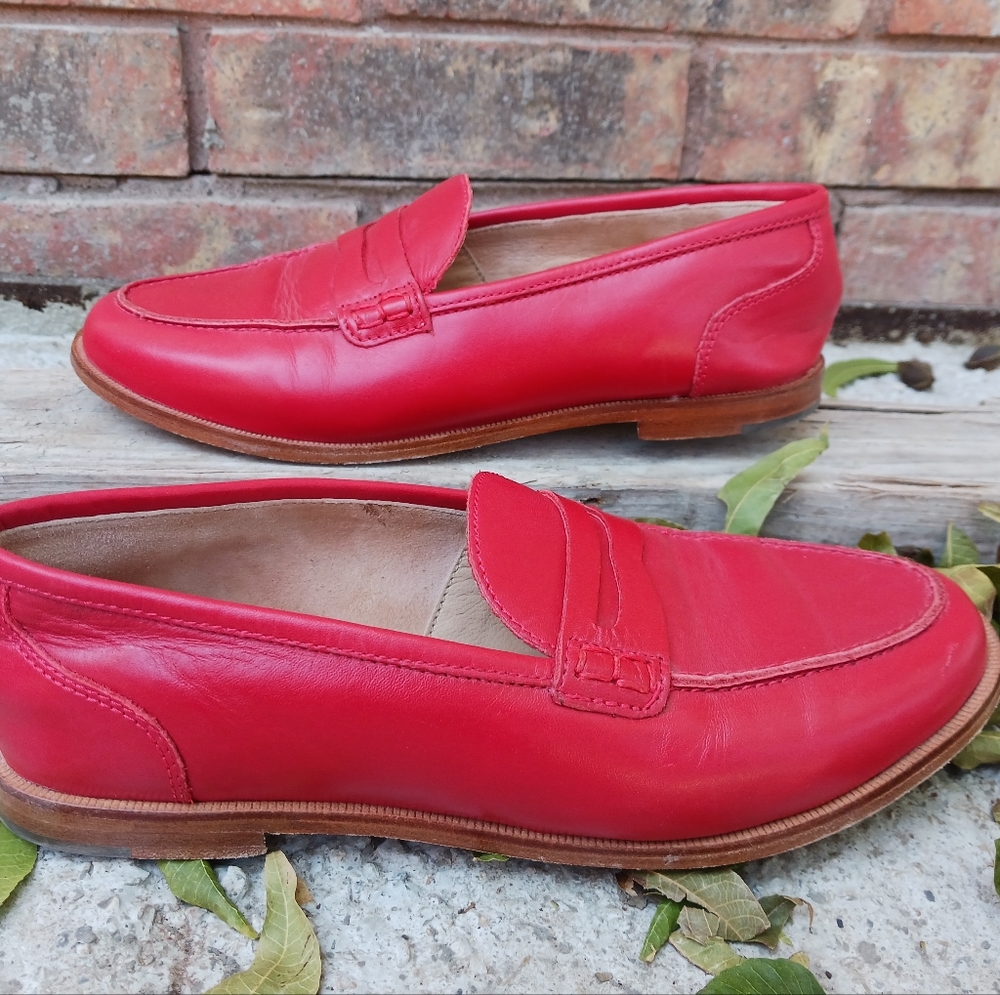 J Crew Ryan Penny Loafers In Red Leather Womens Size 7.5 Ballet Flats Shoes